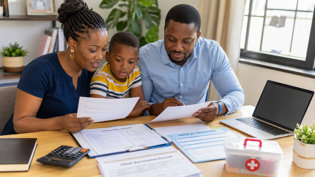 Nigerian family health preparation documents and insurance checklist on a clean desk