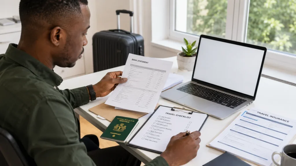 Nigerian visa travel preparation documents with passport and travel insurance checklist