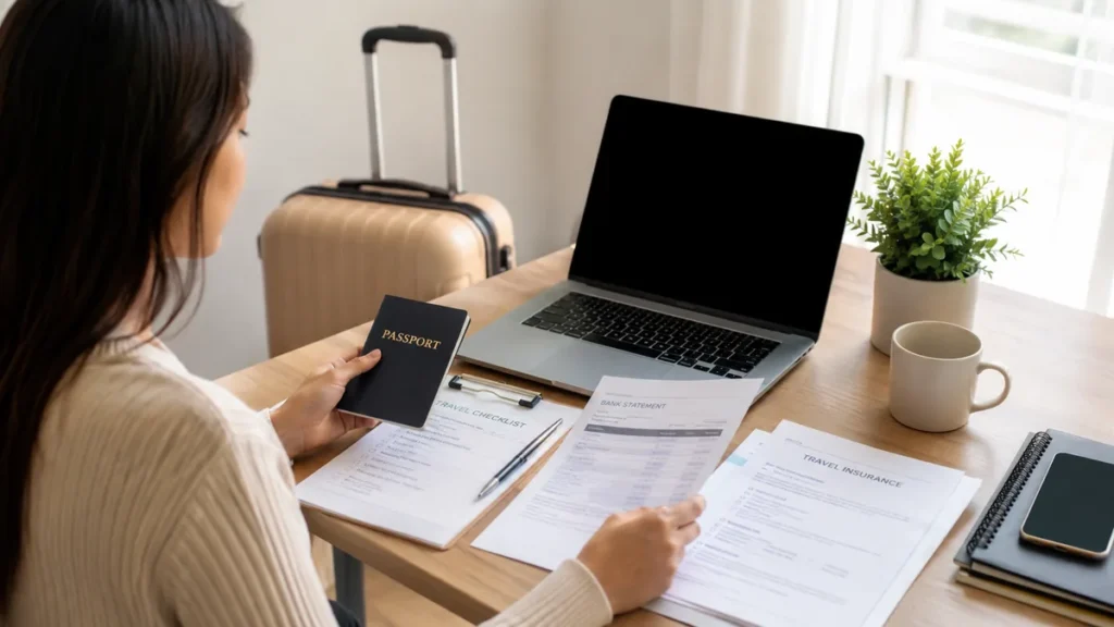 South Africa visa preparation documents and travel insurance checklist on a desk