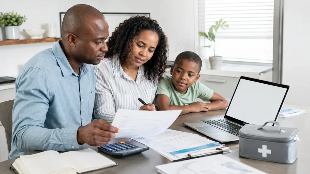 South African family health documents and insurance checklist on a clean desk