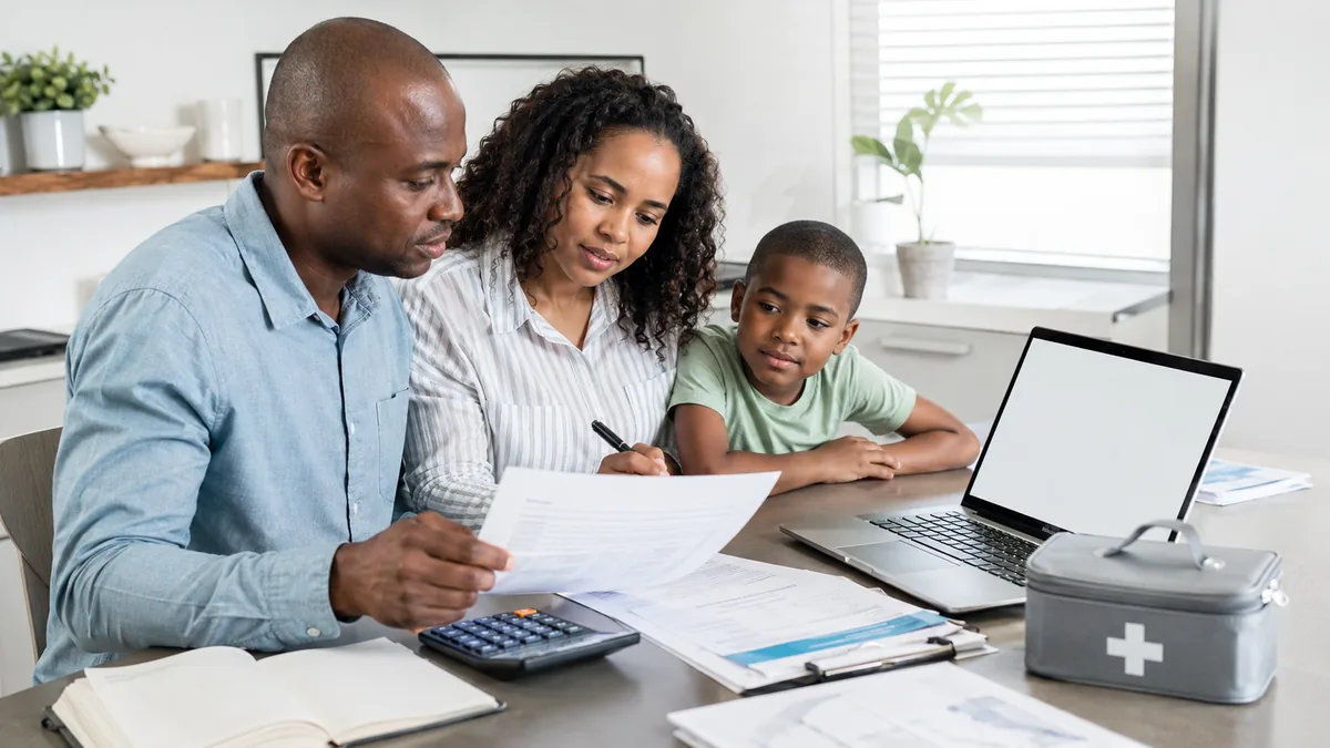 South African family health documents and insurance checklist on a clean desk